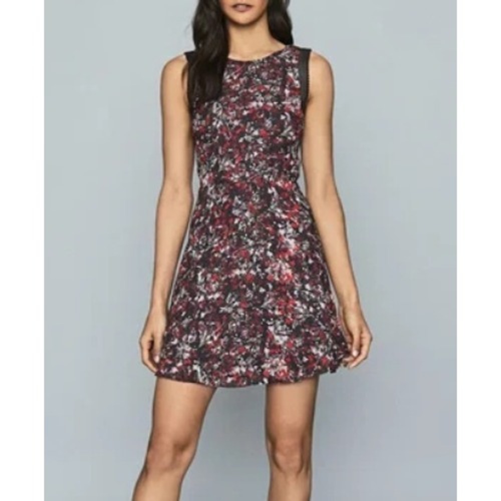 REISS Louise Ditsy Print Day Dress Black Red Floral Women Size 8 Party Cocktail